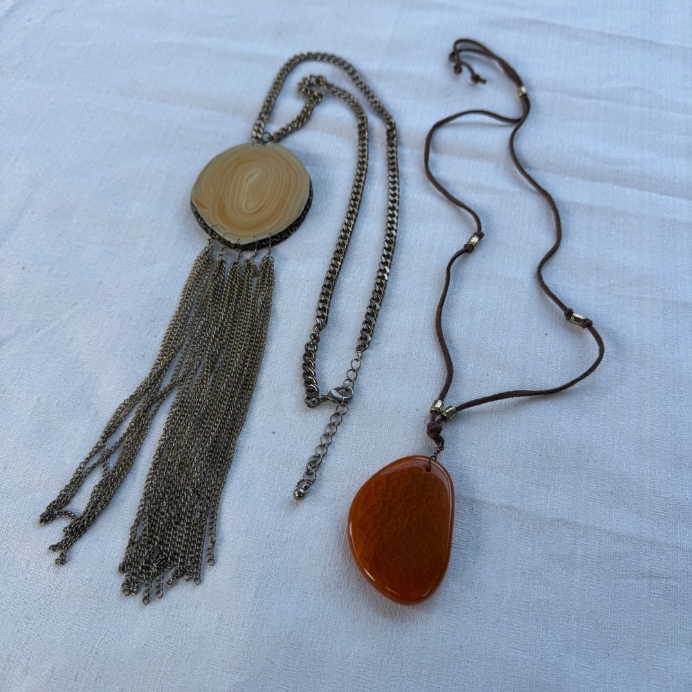 Vintage Agate Stone Necklace Bundle Boho Tassel Fringe Suede Cord Brown Orange